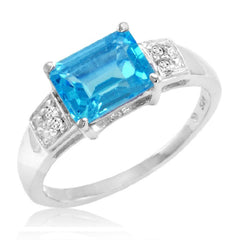 Sterling Silver Emerald Cut Swiss Blue Topaz and Diamond Ring (2ct tgw  Sizes 5-8)