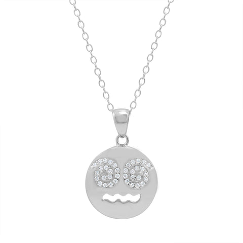 Cubic Zirconia Dizzy Face Emoji Pendant-Necklace in Sterling Silver on an 18 inch chain