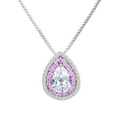 Lab Created Pink and White Sapphire Tear Drop Pendant Necklace for Women in .925 Sterling Silver on an 18 inch Sterling Silver Chain