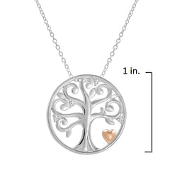 Cubic Zirconia Tree of Life Pendant-Necklace with Rose Gold Plated Heart in Sterling Silver