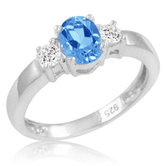Swiss Blue and White Topaz Three Stone Ring for Women in Sterling Silver |Available Ring Sizes 5-9 |Three Stone Rings for Women