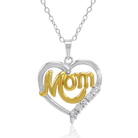 Two Tone Sterling Silver Mom in Heart Diamond Heart Pendant Necklace for Mom- Diamond Pendants for Women- Mothers Day Gifts