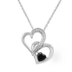 Heart Pendant-Necklace in Sterling Silver with Lab Created Sapphire and Natural Diamonds