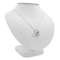Created Pink Sapphire with Natural Amethyst and Diamond Double Heart Pendant Necklace