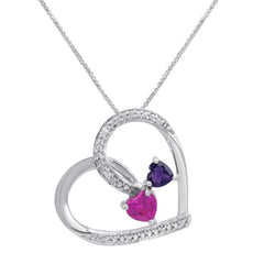 Created Pink Sapphire with Natural Amethyst and Diamond Double Heart Pendant Necklace