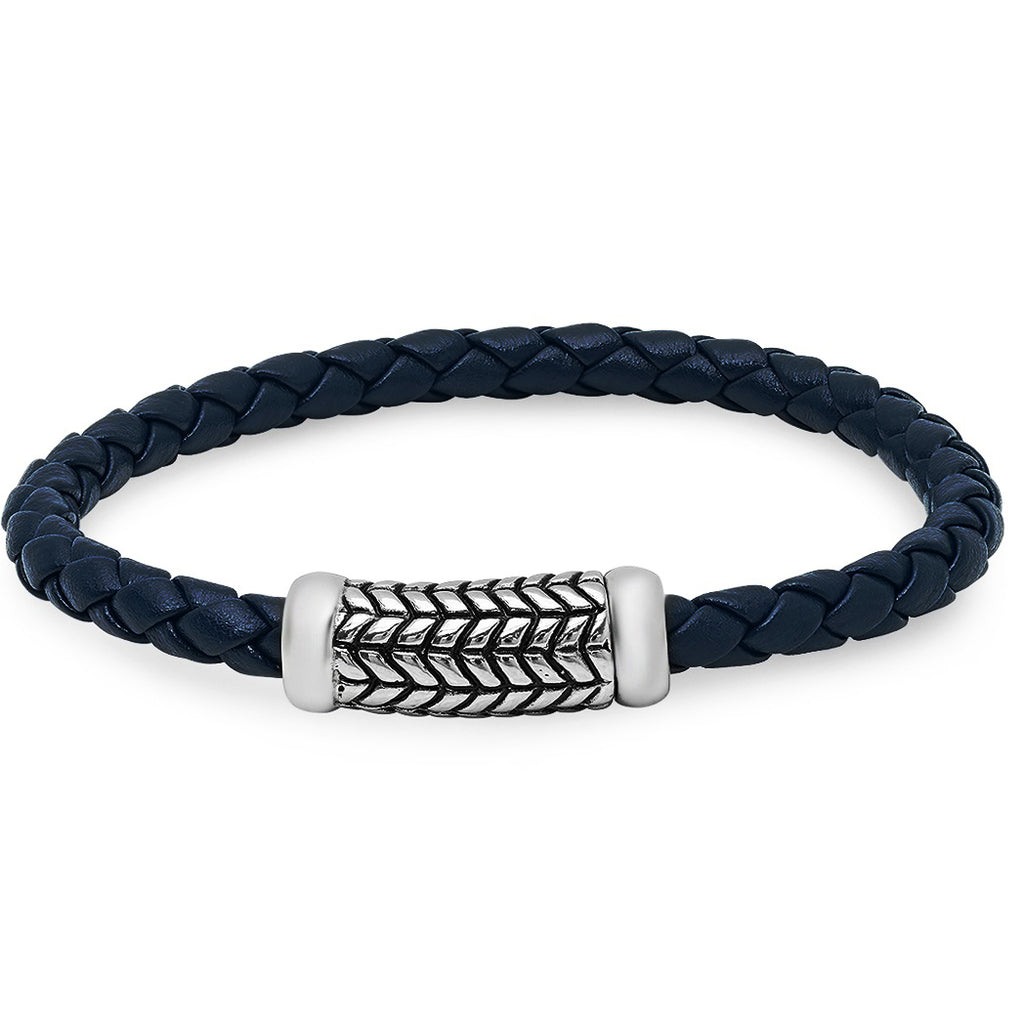 Braided Navy Leather Bracelet with Stainless Steel Clasp ( 8 1/2 inches)
