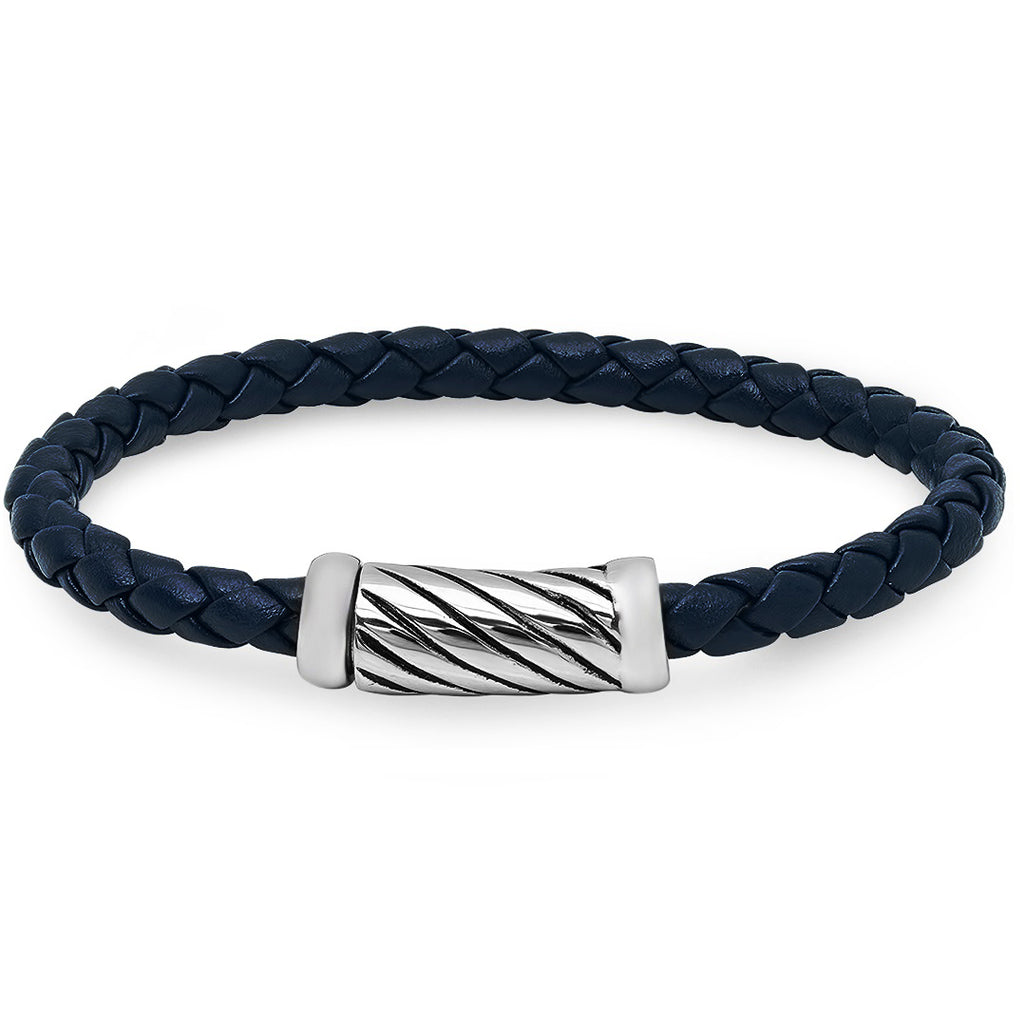 Braided Navy Leather Bracelet with Magnetic Stainless Steel Clasp ( 8 3/4 inches)