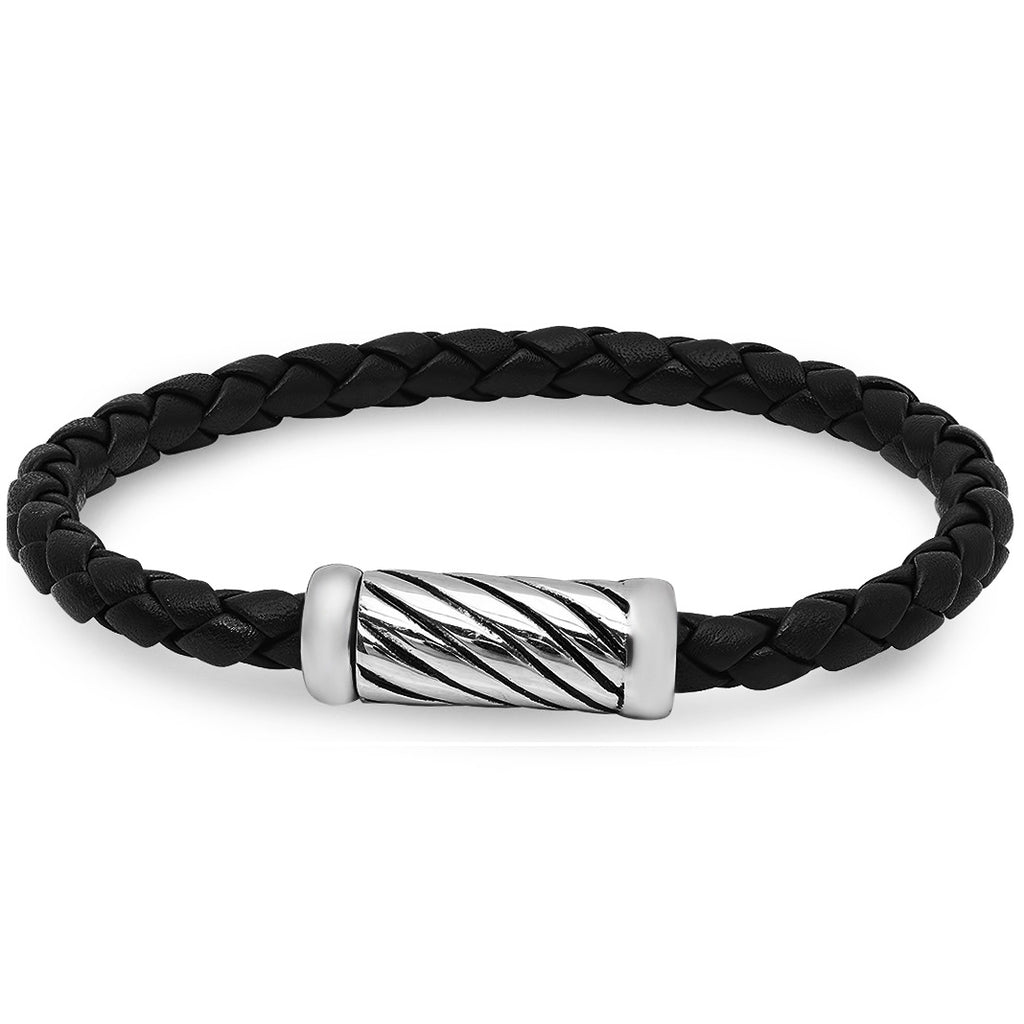 Braided Black Leather Bracelet with Magnetic Stainless Steel Clasp ( 8 1/2 inches)