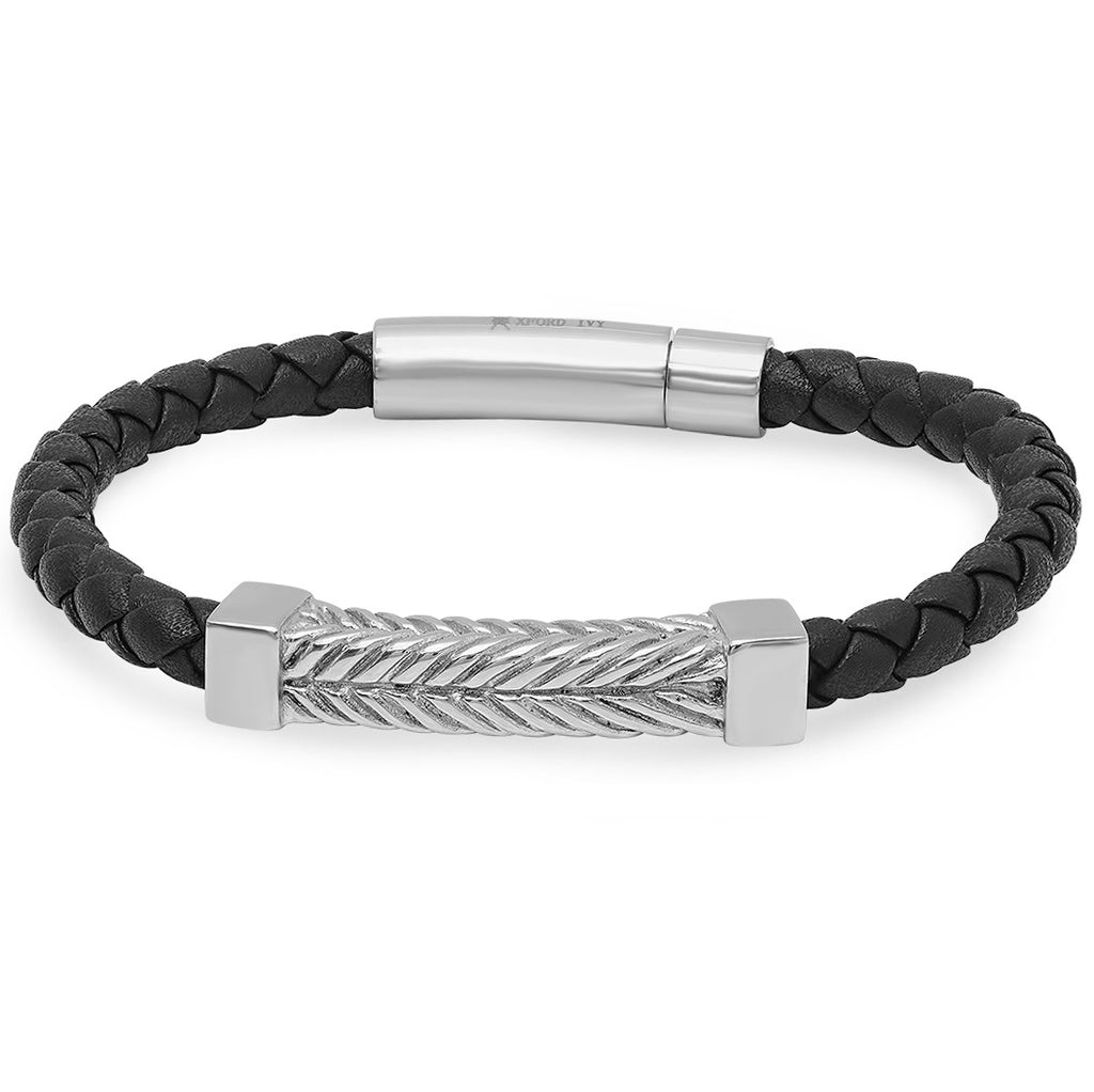 Oxford Ivy Braided Black Leather Fashion Bracelet with Locking Stainless Steel Clasp ( 8 1/2 inches)
