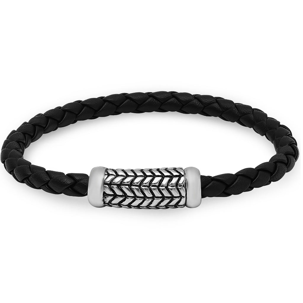 Braided Black Leather Bracelet with a Magnetic Stainless Steel Clasp ( 8 3/4 inches)