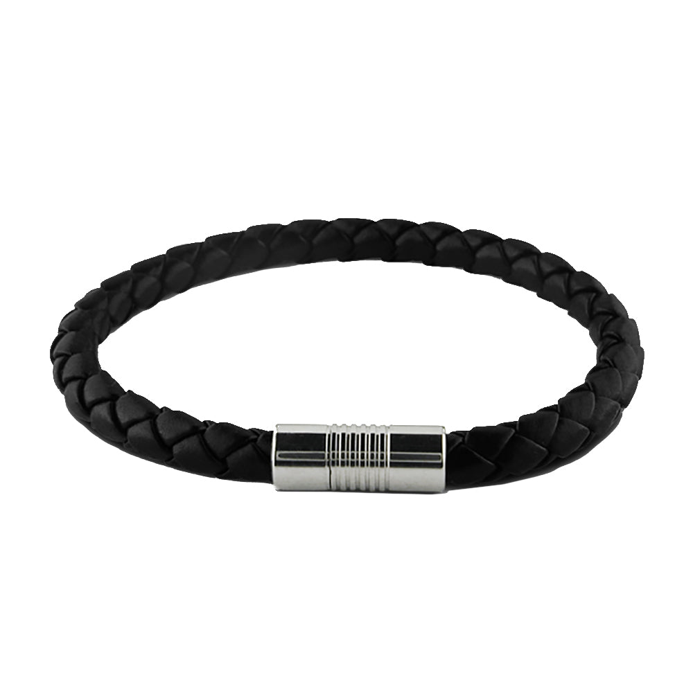 Braided 6mm  Black Leather and Stainless Steel Magnetic Mens Bracelet (8 1/2 inches)