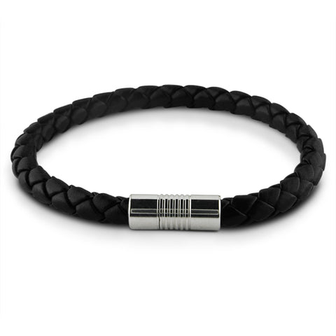 Braided Black Synthetic Leather and Stainless Steel Magnetic Mens Bracelet 6 mm 8 1/2 inches
