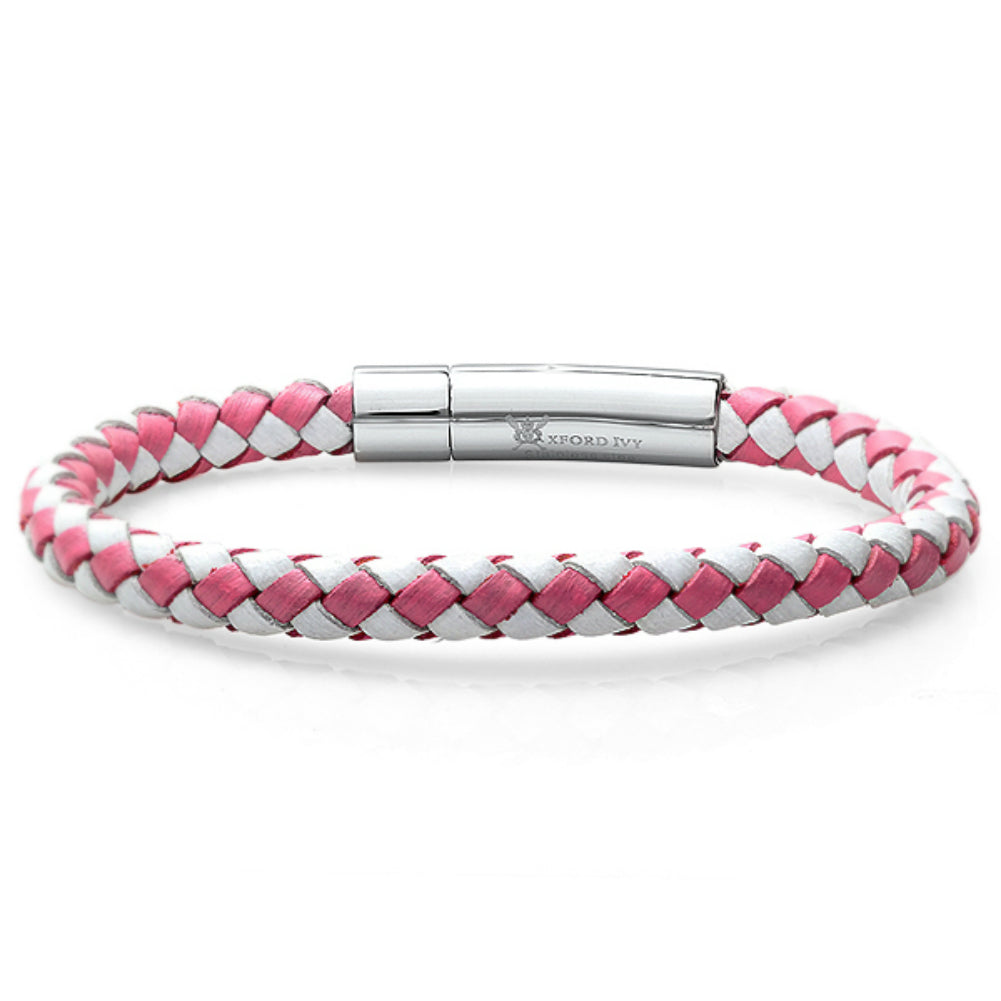 Braided Pink and White Leather 6mm Bracelet with Stainless Steel Locking Clasp 7 1/2 inches