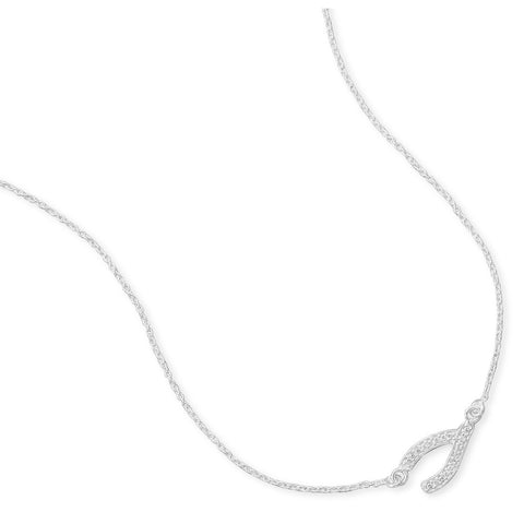 Amanda Rose Sideways Cubic Zirconia Wishbone Necklace in Sterling Silver on an 18 in. Chain
