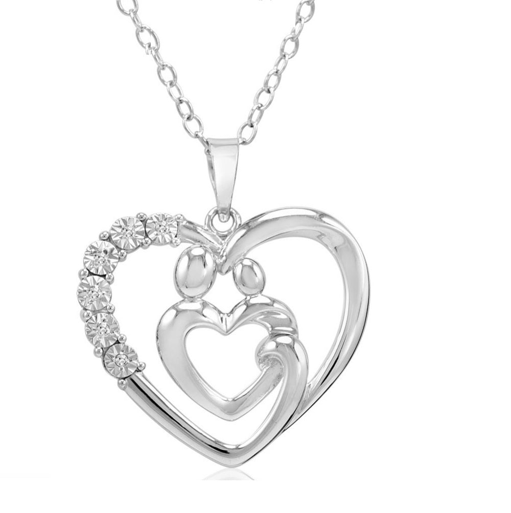 Mothers Love Diamond Heart Pendant Necklace on an 18 inch Chain in Sterling Silver |Real Diamond Mothers Day Necklace