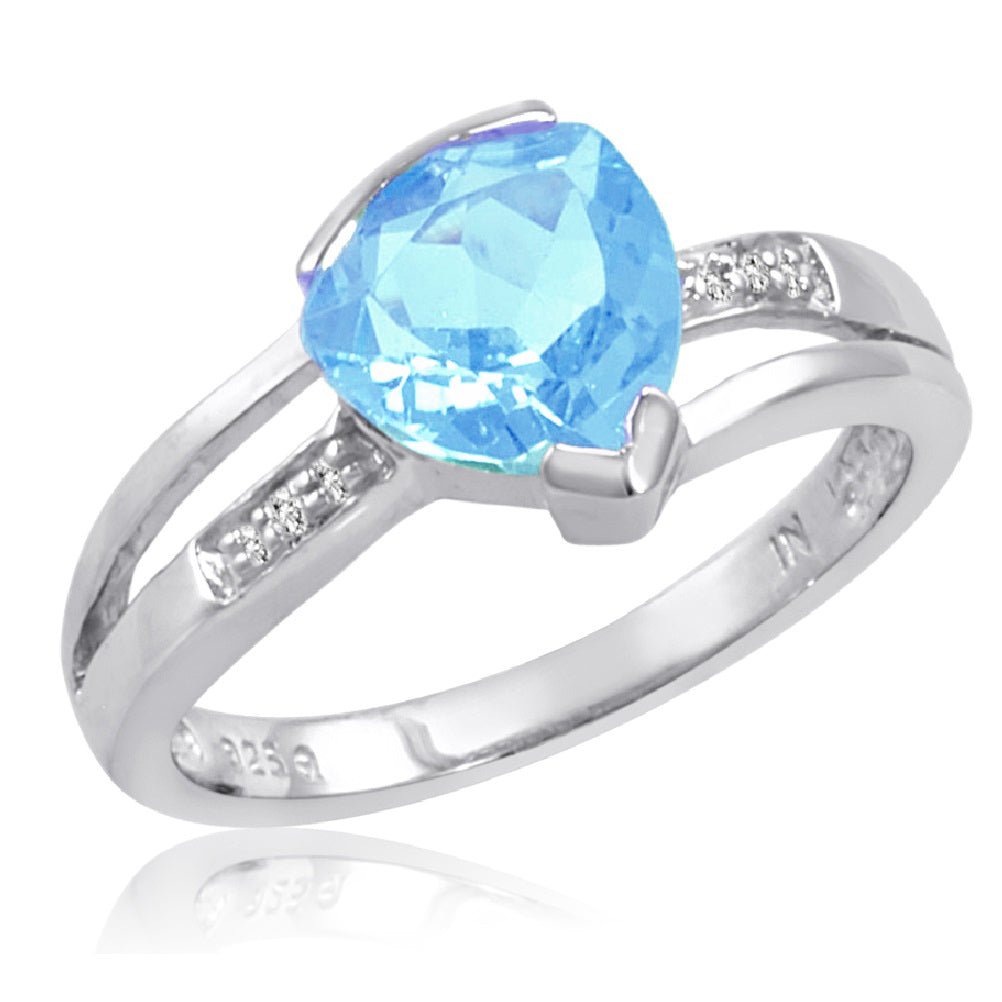 Sterling Silver Trillion Cut Sky Blue Topaz and Diamond Ring 2ct Total Gem Weight| Available Sizes 5-8|Rings for Women