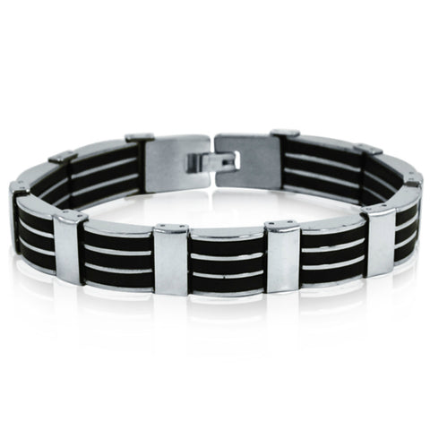 Men's Stainless Steel 3-Row Black Rubber Bracelet 8 1/4 inches