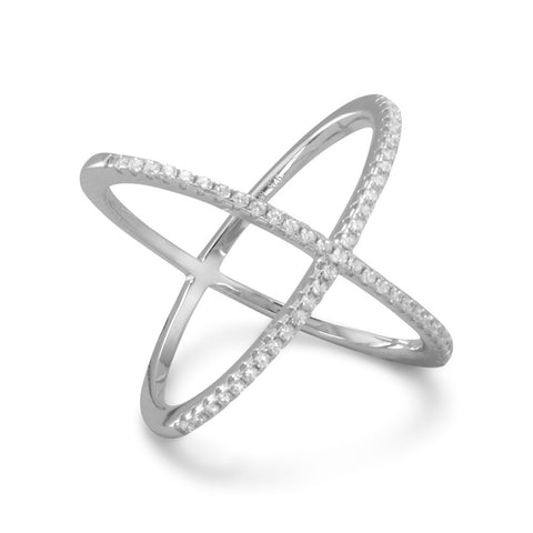 Amanda Rose Rhodium Plated Criss Cross Cubic Zirconia 'X' Ring in Sterling Silver (Available sizes 5-9)
