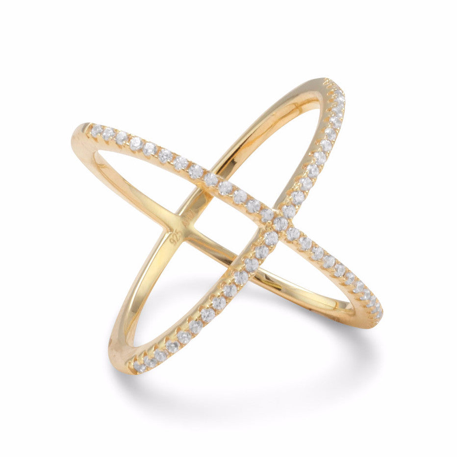 Amanda Rose 18 Karat Gold Plated Criss Cross Cubic Zirconia 'X' Ring in Sterling Silver (Available sizes 5-9)