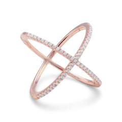Amanda Rose 18 Karat Rose Gold Plated Criss Cross Cubic Zirconia 'X' Ring in Sterling Silver (Available sizes 5-9)