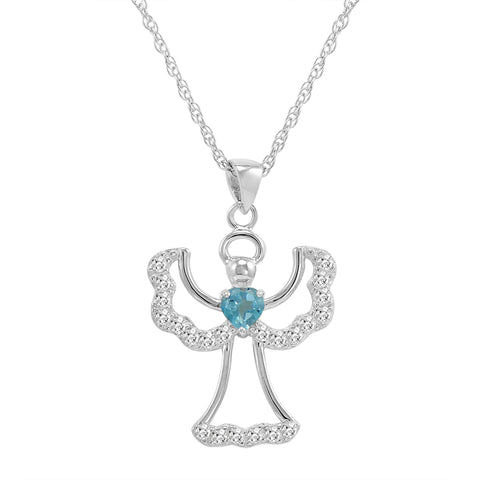 Swiss Blue and White Topaz Angel Pendant-Necklace in Sterling Silver