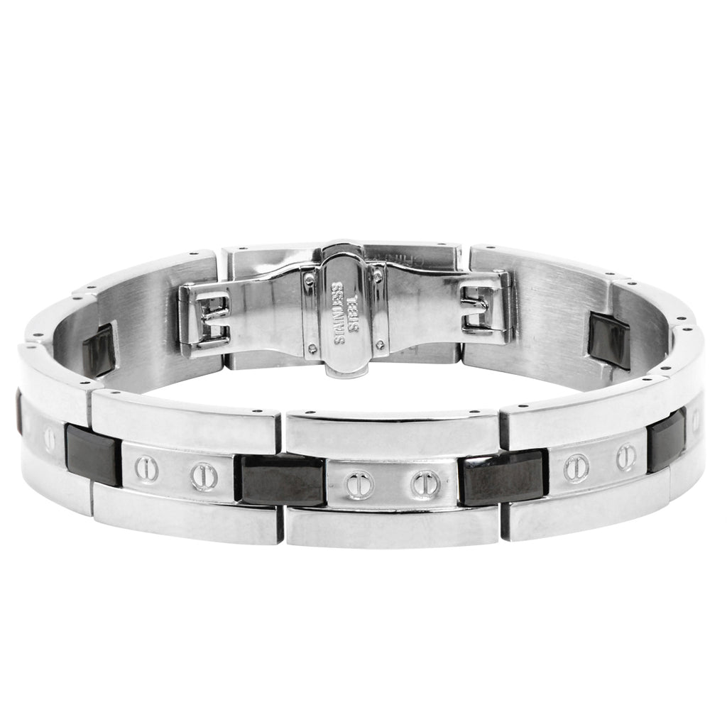 Men's Stainless Steel and Ceramic Accent Link Bracelet- Steel Bracelets for Men-8 1/2 inches long