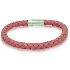 Ladies Braided Pink Leather Bracelet with Stainless Steel Magnetic Locking Clasp 6mm 7 1/2 inches