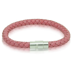 Ladies Braided Pink Leather Bracelet with Stainless Steel Magnetic Locking Clasp 6mm 7 1/2 inches