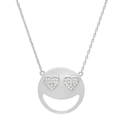 Cubic Zirconia Heart Eyes Emoji Pendant-Necklace in Sterling Silver on an 18 inch chain