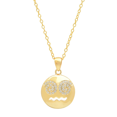 Cubic Zirconia Dizzy Face Emoji Pendant-Necklace in Gold Flashed Sterling Silver on an 18 inch chain