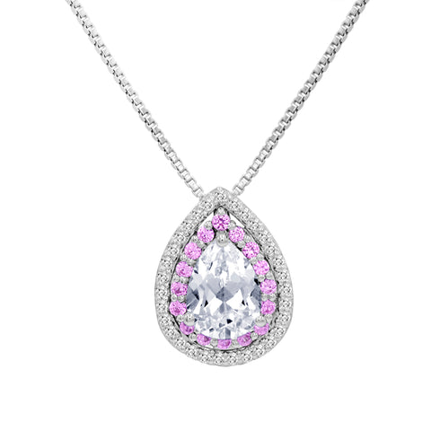 Lab Created Pink and White Sapphire Tear Drop Pendant Necklace for Women in .925 Sterling Silver on an 18 inch Sterling Silver Chain