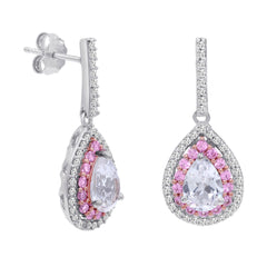 Lab Grown Pink and White Sapphire Dangle Tear Drop Earrings for Women in Sterling Silver|Dangle Earrings for Women
