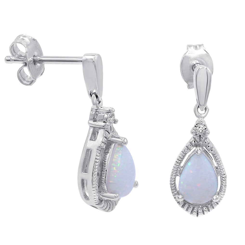 Lab Created Opal and White Sapphire Dangle Earrings in .925 Sterling Silver |Lab Grown Opals with Lab Grown White Sapphire