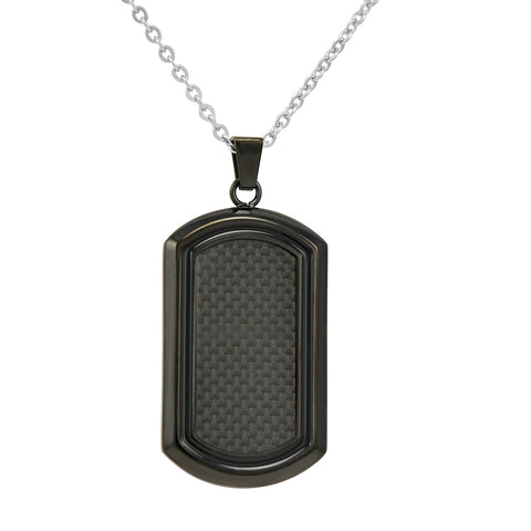 Men's Black Stainless Steel and Carbon Fiber Dog Tag Necklace on a 22 inch Chain