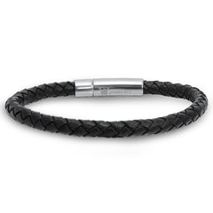 Oxford Ivy Braided Black Leather Mens Bracelet 6 mm 8 1/2 inches with Locking Stainless Steel Clasp| Leather Bracelets for Men