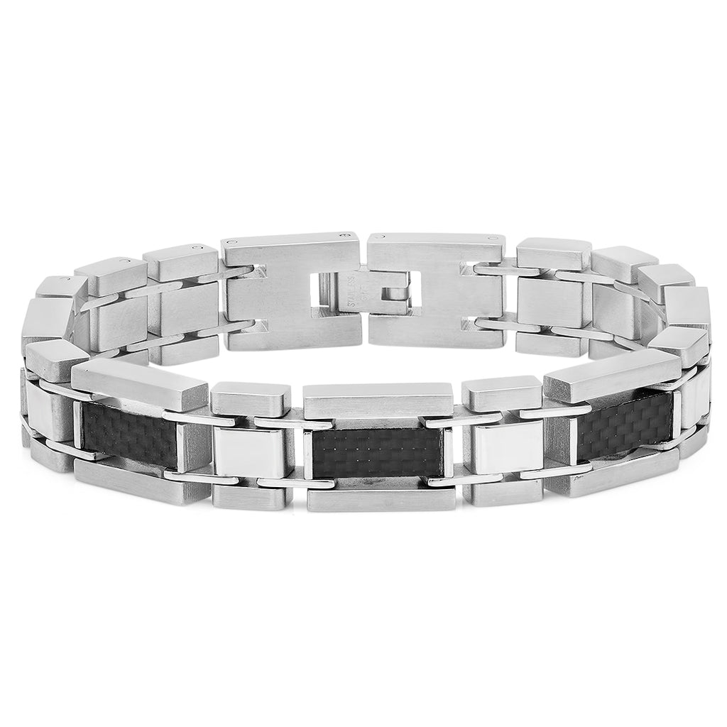 Oxford Ivy Mens Stainless Steel and Carbon Fiber Link Bracelet 8 1/4 inches