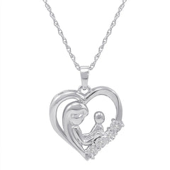 Mother and Child Diamond Heart Pendant in Sterling Silver on an 18 inch Sterling Silver Chain