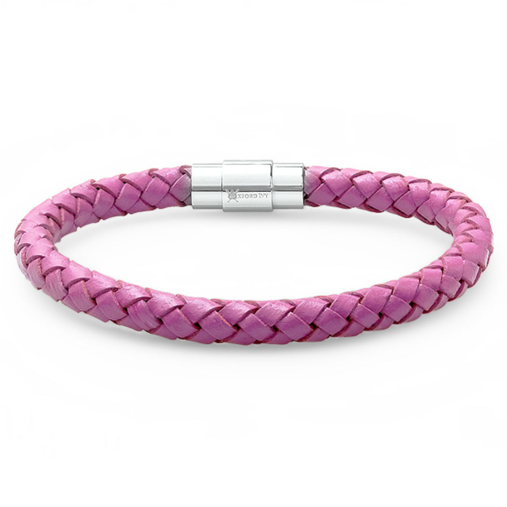 Oxford Ivy Lavender Braided Leather Bracelet - Stainless Steel Locking Magnetic Clasp (7 1/2 inch)
