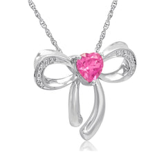 Created Pink Sapphire Heart and Diamond Ribbon Necklace in Sterling Silver on an 18 inch chain