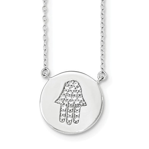 Amanda Rose Sterling Silver Cubic Zirconia Hamsa Necklace with  16-18 in. Adjustable Chain