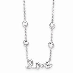 Amanda Rose Sterling Silver Love Necklace with Bezel Set Cubic Zirconias on 16 inch Adjustable Chain