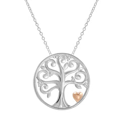Cubic Zirconia Tree of Life Pendant-Necklace with Rose Gold Plated Heart in Sterling Silver