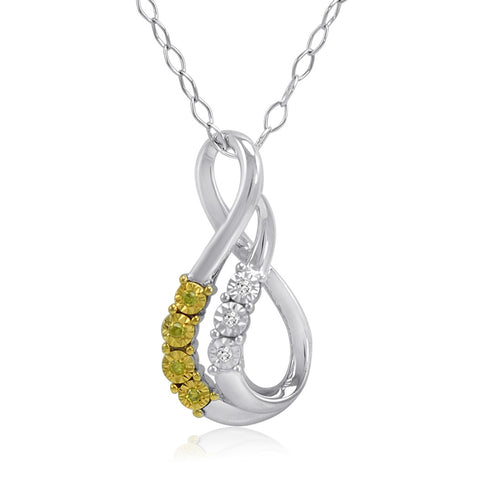 Yellow and White Diamond Swirl Pendant Necklace for Women in Sterling Silver on an 18 inch Sterling SIlver Chain