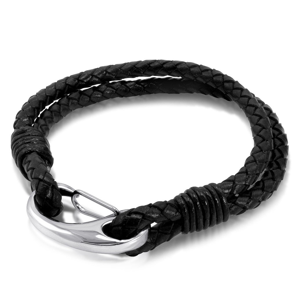 Men's Braided Black Double Strand Leather Bracelet with a Stainless Steel Clasp 8 1/2 inches