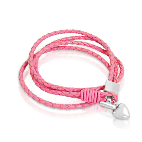Ladies Braided Pink Leather Wrap Around Heart Toggle Bracelet