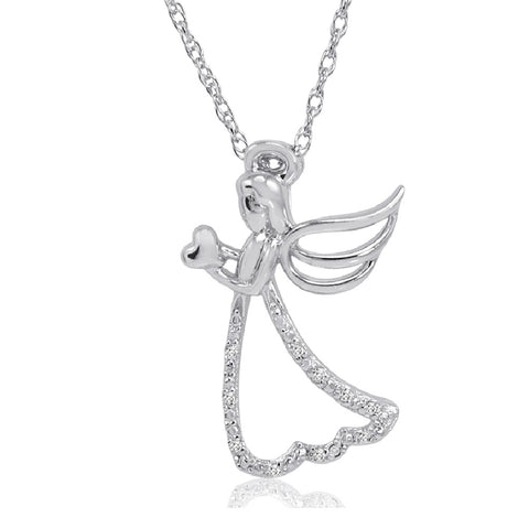 Winged Angel with Heart Diamond Pendant Necklace in Sterling Silver on an 18inch Sterling Silver Chain | Real Diamonds Necklaces for Women
