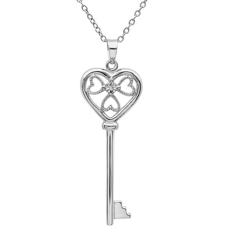 Diamond Key to Her Heart Pendant Necklace for Women in Sterling Silver on an 18 inch Sterling Silver Chain| Real Diamond Set in Sterling Silver