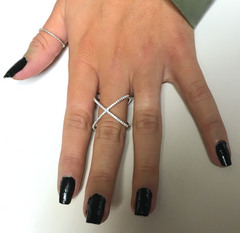Amanda Rose Rhodium Plated Criss Cross Cubic Zirconia 'X' Ring in Sterling Silver (Available sizes 5-9)