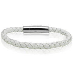 Oxford Ivy Braided White Leather 6mm Bracelet for Women with Stainless Steel Locking Clasp 7 1/2 inches - Bracelet for Women or Girls